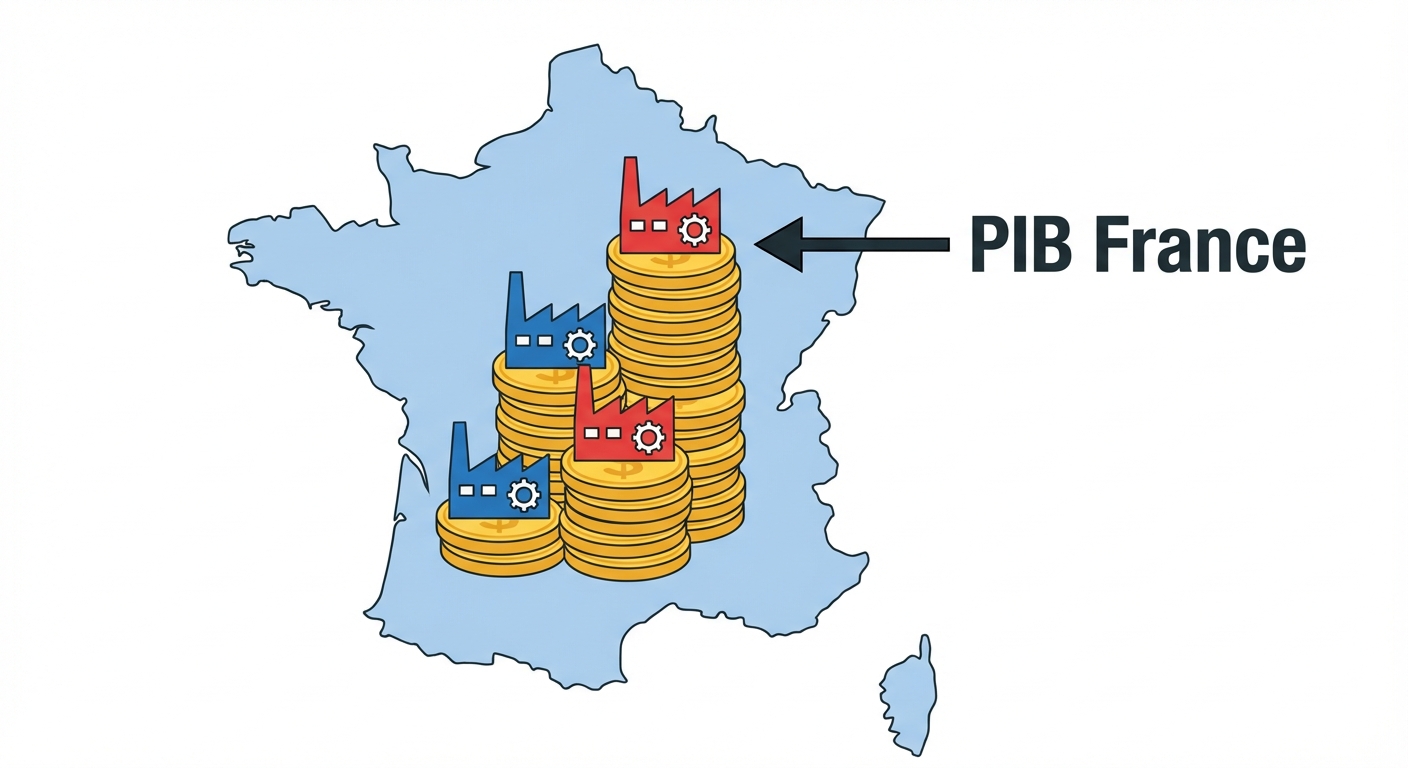 Carte de France stylisée simplifiée. À l'intérieur de l'hexagone, des icônes d'usines de différentes couleurs (bleues pour entreprises françaises, rouges pour étrangères) s'empilent pour former une pile de pièces d'or. Une flèche pointe vers la pile avec le texte 'PIB France'. Fond blanc.