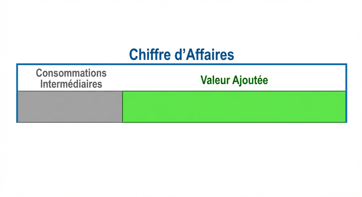 Schéma simple en 2D style plat. Une grande barre horizontale bleue nommée 'Chiffre d'Affaires'. Une partie à gauche (environ 30%) est colorée en gris et nommée 'Consommations Intermédiaires'. La partie restante à droite (environ 70%) est colorée en vert vif et nommée 'Valeur Ajoutée'. Fond blanc.