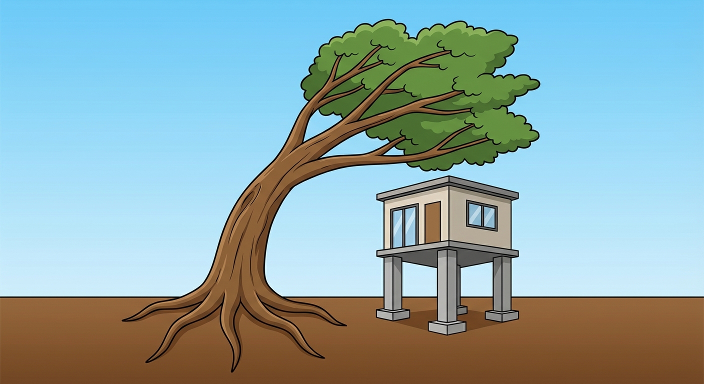 Dessin simple vue de face illustrant la notion de résilience. Au centre, un grand arbre avec un tronc courbé par un vent fort invisible, mais dont les branches ne cassent pas. L'arbre possède exactement 5 grandes racines solides et épaisses bien ancrées dans la terre brune. A côté de l'arbre, une petite maison moderne carrée construite sur 4 grands piliers en béton qui la protègent au-dessus du sol. Ciel bleu sans nuage en arrière-plan.