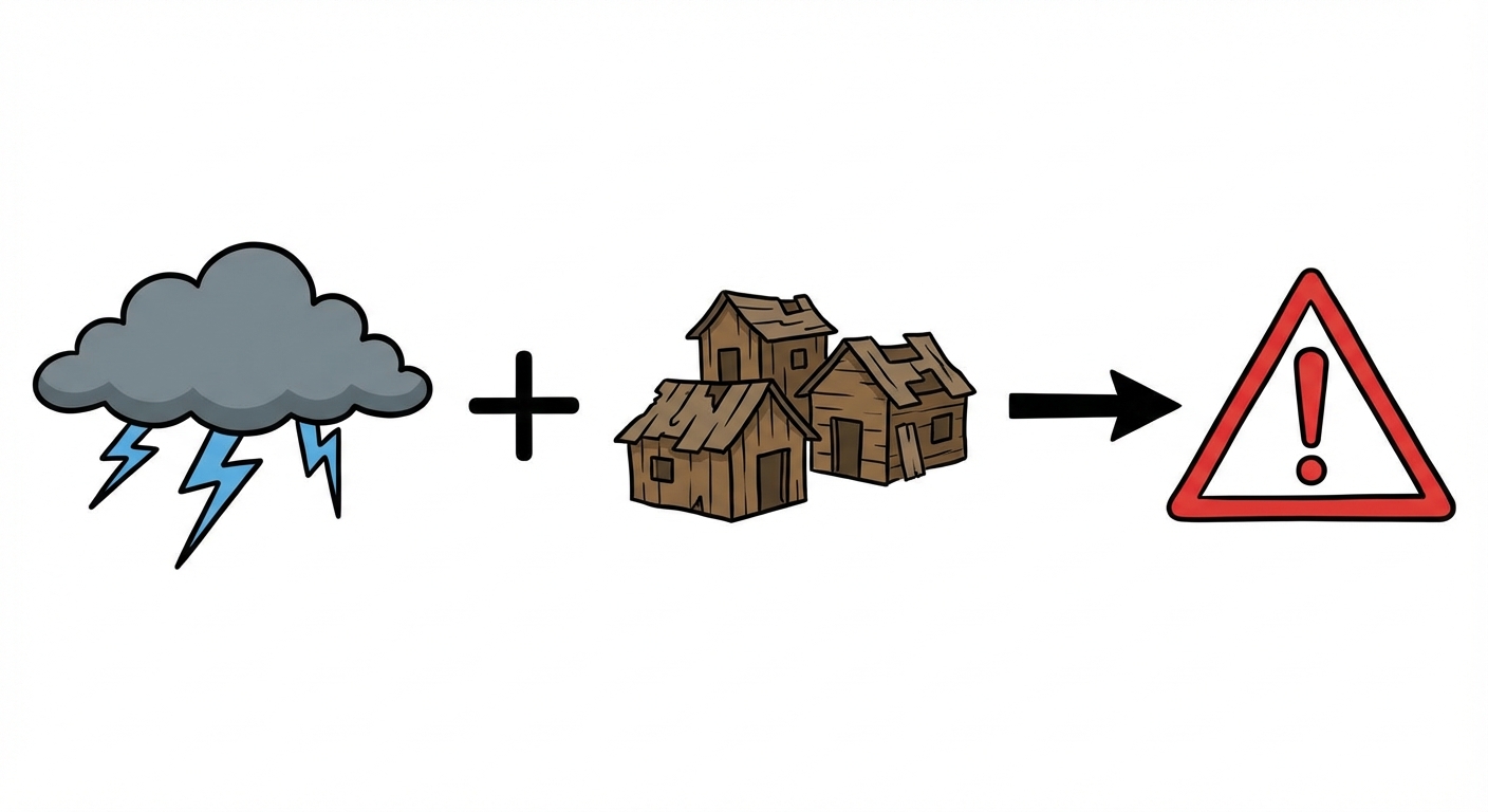 Schéma simple sur fond blanc. A gauche, un nuage gris avec des éclairs représentant l'aléa. Au centre, un symbole plus mathématique d'addition. A droite, un petit groupe de maisons fragiles en bois représentant la vulnérabilité. Une flèche noire pointe vers le résultat final à droite : un panneau danger de forme triangulaire avec un point d'exclamation rouge, représentant le risque.