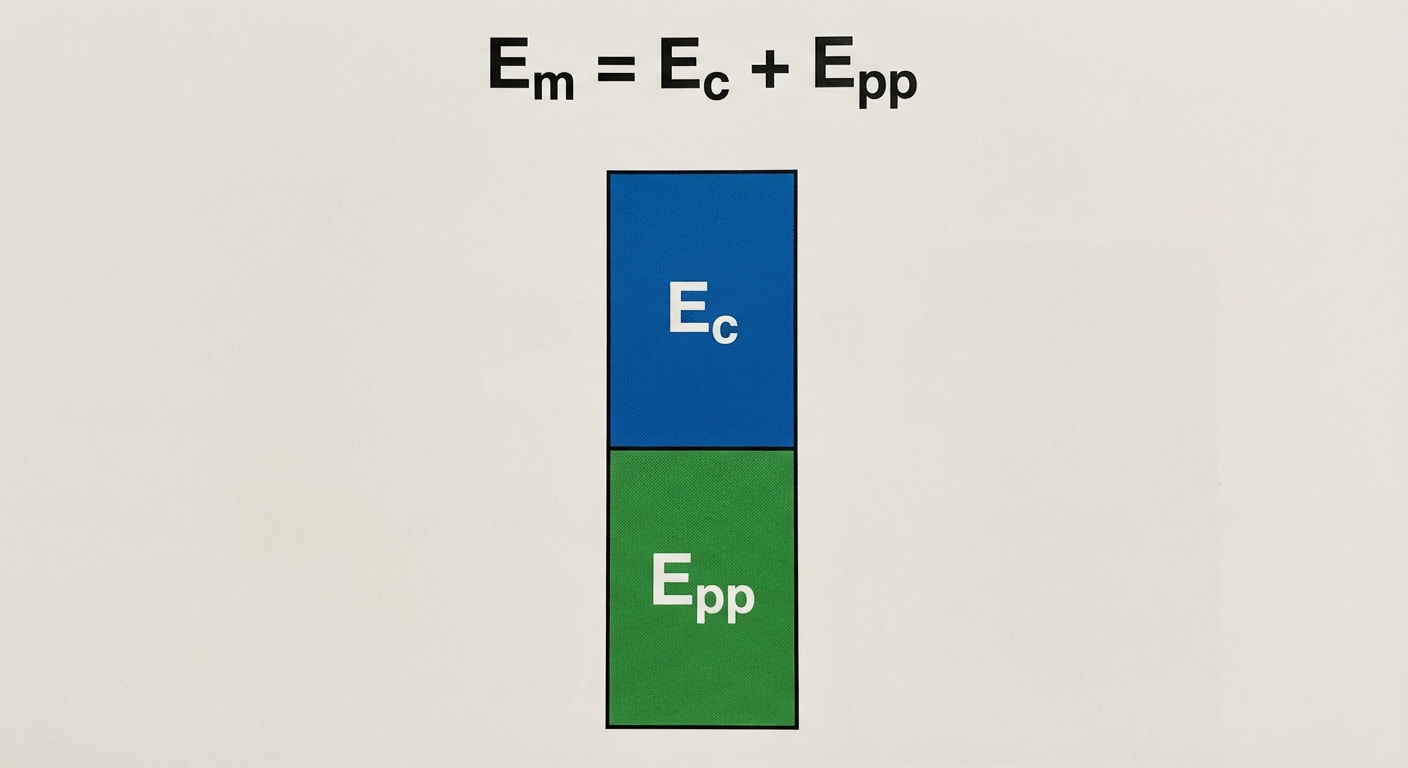 Au centre, la formule Em = Ec + Epp en gros caractères. En dessous, un diagramme en barres empilées : une partie bleue (Ec) et une partie verte (Epp) qui forment ensemble une barre totale (Em).