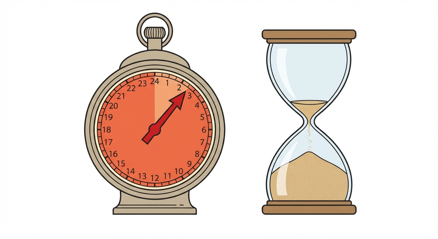 Illustration d'une horloge ancienne. Une zone colorée couvre 24 heures. Une aiguille rouge indique l'urgence. À côté, un sablier presque vide symbolise la fatalité qui approche.