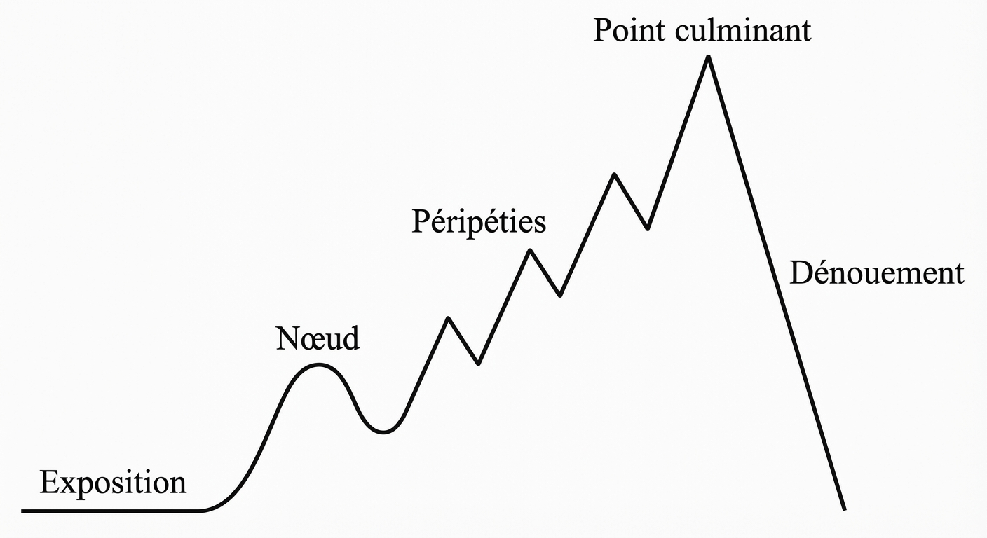 Schéma simple en 2D sur fond blanc. Une courbe noire représente l'intensité. Elle commence bas (Exposition), monte avec un obstacle (Nœud), fait des zigzags ascendants (Péripéties), atteint un pic pointu (Point culminant), puis redescend rapidement (Dénouement). Des étiquettes nomment ces 5 étapes.