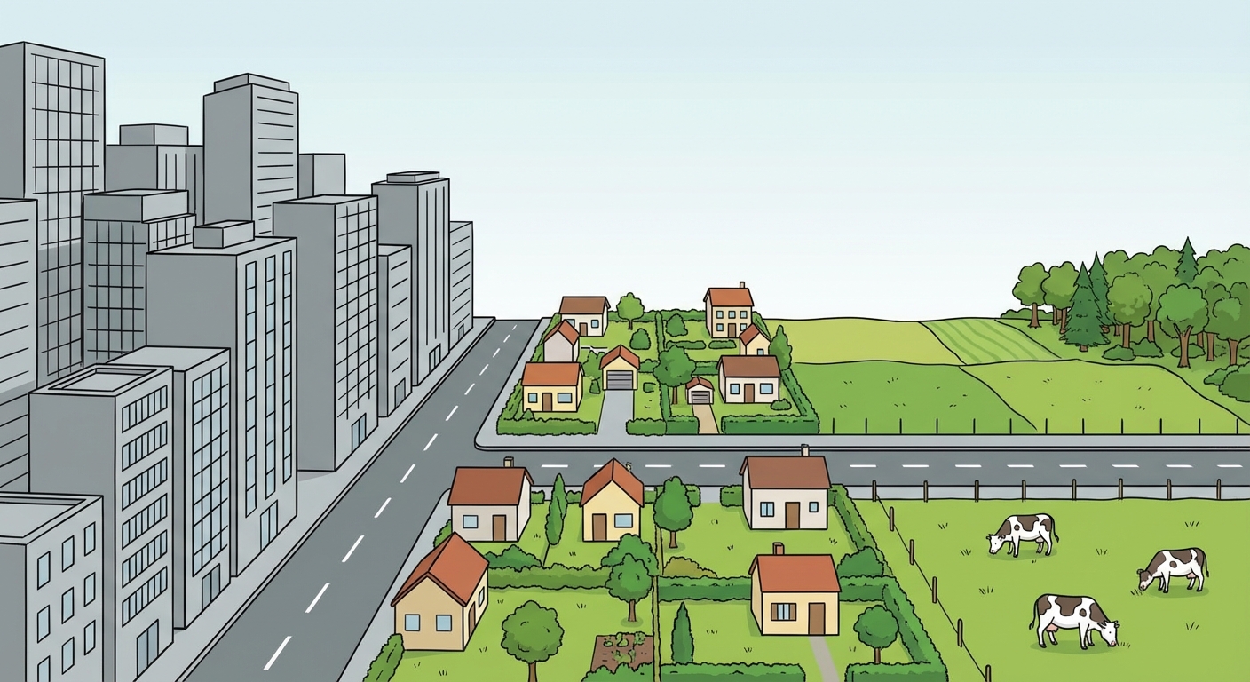 Illustration style dessin animé éducatif : une route qui traverse l'image de gauche à droite. À gauche, de grands immeubles gris serrés (ville). Au milieu, des petites maisons avec jardins (banlieue/périurbain). À droite, des champs verts, des vaches et une petite forêt (campagne).