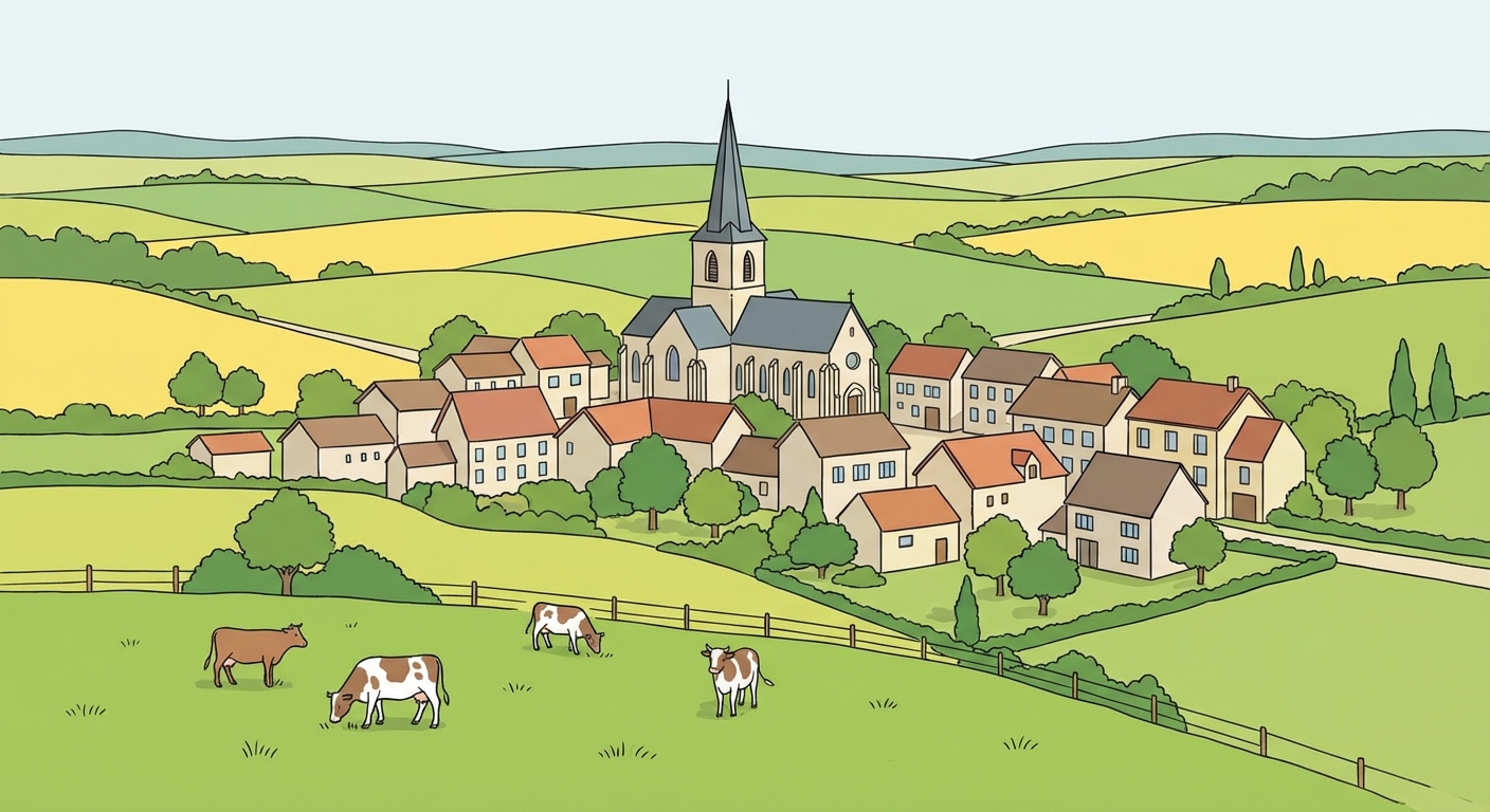 Paysage de campagne française. Au centre, un petit village groupé autour d'une église avec un clocher pointu. Autour du village, de grandes étendues de champs verts et jaunes vallonnés. Quelques vaches dans un pré au premier plan.