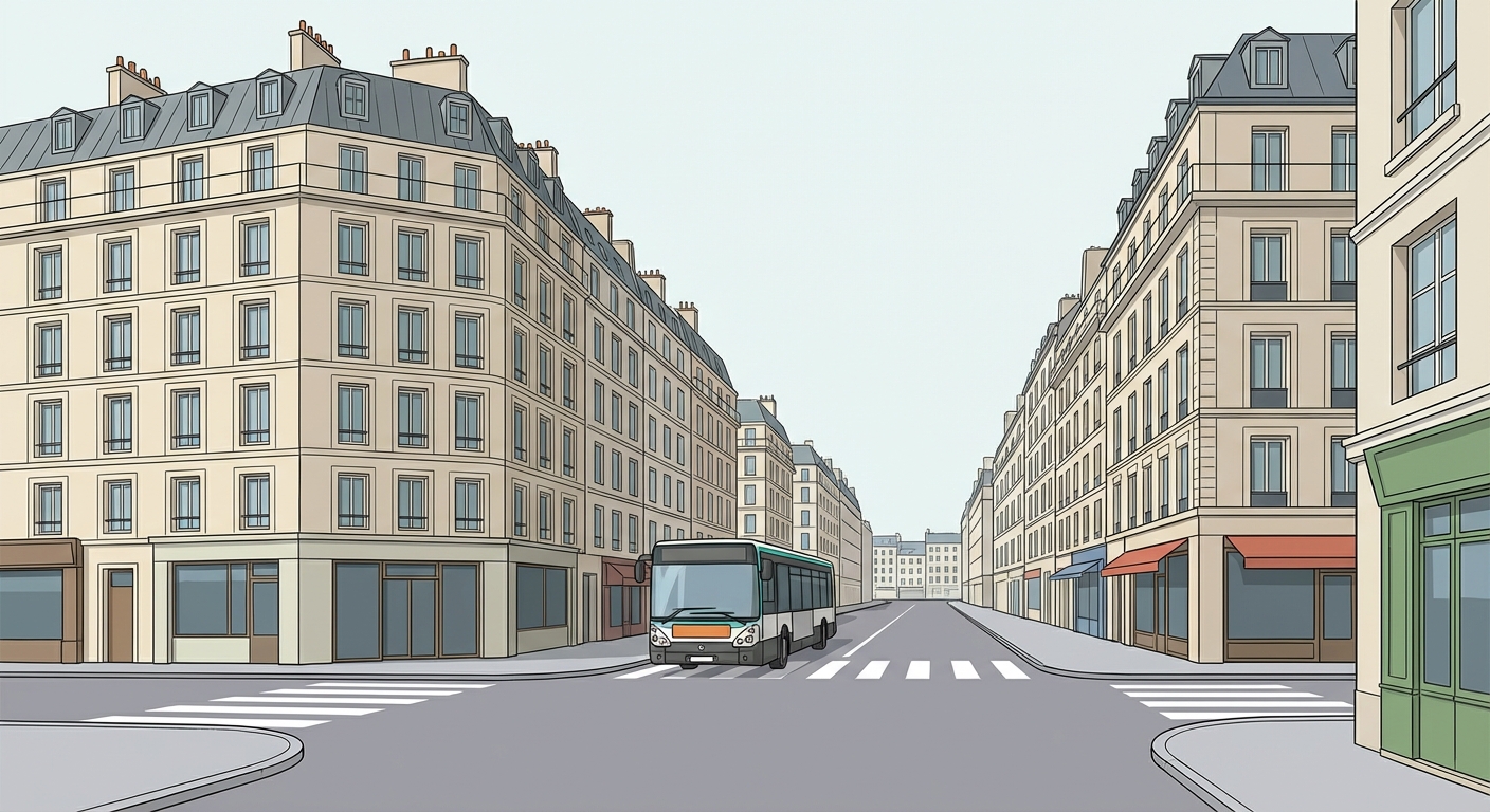 Dessin réaliste d'une rue de centre-ville français. Au premier plan, une rue goudronnée avec un passage piéton et un bus. De chaque côté, des immeubles de 5 étages avec des boutiques au rez-de-chaussée. Beaucoup de fenêtres, pas de jardins visibles.