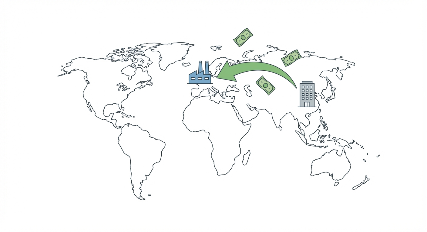 Dessin simple sur fond blanc. Au centre, une carte du monde stylisée. Une grande flèche verte courbée part d'un immeuble de bureaux gris en Asie et pointe vers une usine bleue avec deux cheminées en Europe. Trois petits billets de banque verts flottent autour de la flèche.