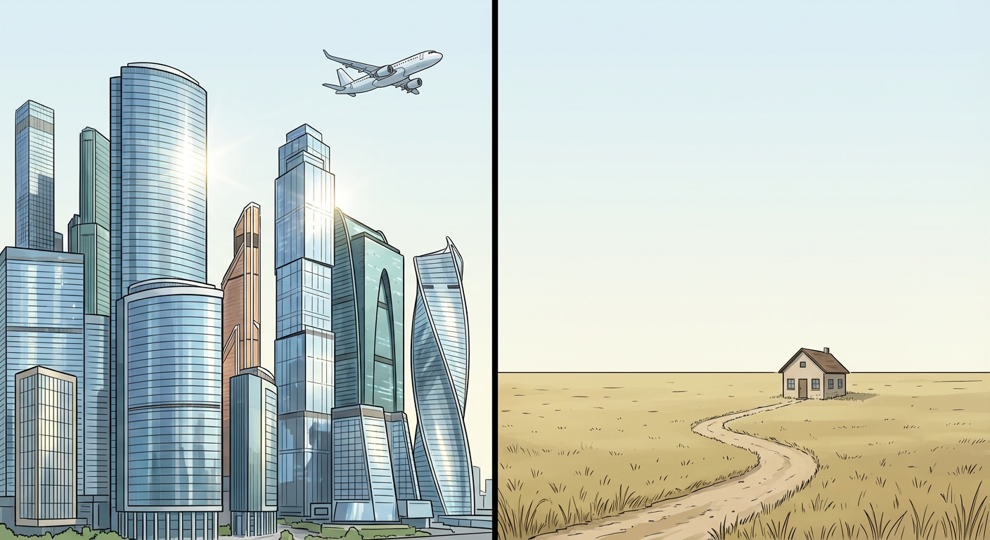 Dessin divisé en deux parties par une ligne verticale noire. À la gauche de la ligne, de grands gratte-ciel en verre brillants et un avion dans le ciel. À la droite de la ligne, un grand champ vide avec une seule petite maison isolée et un chemin de terre.