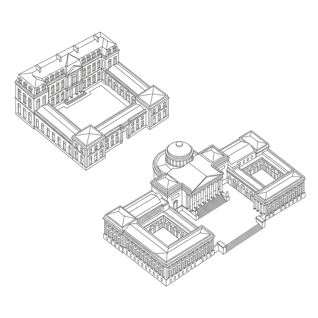 Dessin architectural vectoriel épuré du palais de l'Élysée et de l'Assemblée nationale, traits fins et nets, style manuel scolaire sur fond blanc sans texte.