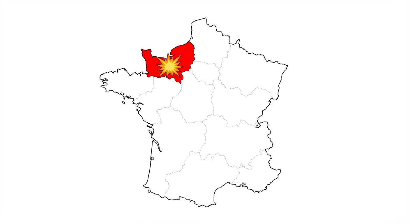 Carte géographique très simple de la France métropolitaine sur fond blanc. La région Normandie, située au nord-ouest, est coloriée en rouge vif. Une icône d'explosion jaune et orange est placée au centre de la zone rouge.