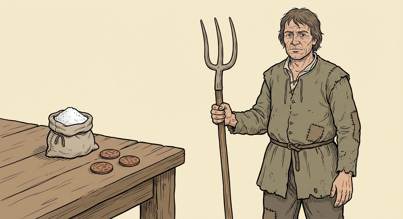 Dessin d'un paysan du XVIIe siècle habillé de vêtements simples et usés. Il tient une fourche en bois de la main droite. Sur une table en bois rustique à côté de lui se trouvent un petit sac en toile rempli de sel blanc et exactement trois pièces de monnaie en cuivre.