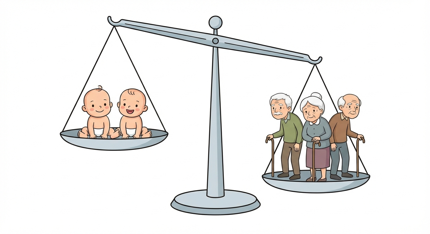 Dessin simple avec un fond blanc. Au centre, une balance classique à deux plateaux. Sur le plateau de gauche, il y a deux bébés souriants. Sur le plateau de droite, il y a trois personnes âgées avec des cheveux blancs et des cannes. Le plateau de droite est plus lourd et penche vers le bas.