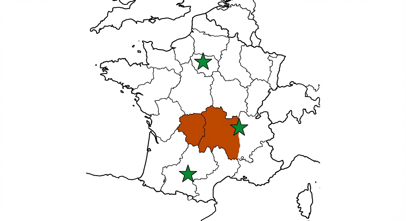 Carte simplifiée de la France métropolitaine sur fond blanc. Le grand centre du pays est colorié en orange foncé. De grandes étoiles vertes très visibles sont dessinées sur les emplacements géographiques de Paris, Lyon et Toulouse. Aucun autre texte n'est présent.