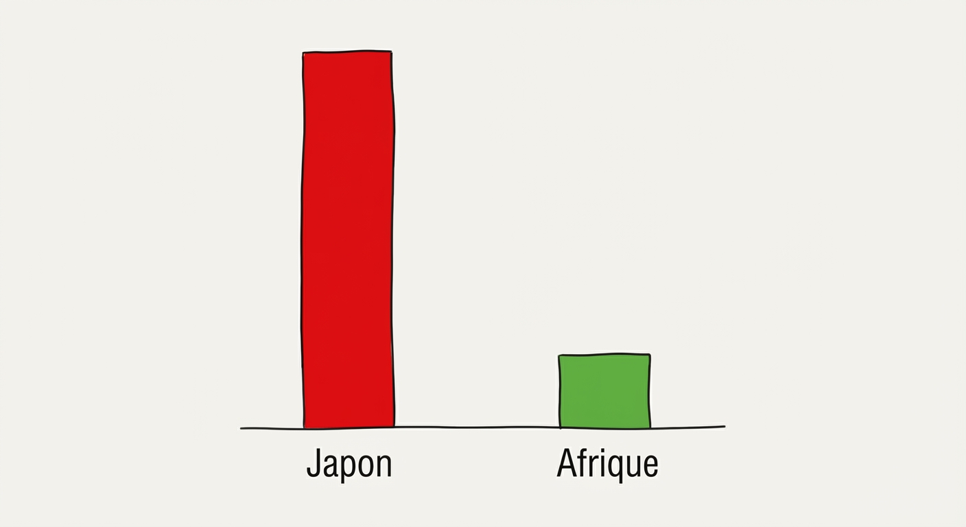 Graphique à barres simple sur fond blanc. Deux grandes barres verticales sont dessinées. La première barre est rouge, très haute, avec le mot Japon écrit en dessous. La deuxième barre est verte, très courte, avec le mot Afrique écrit en dessous.