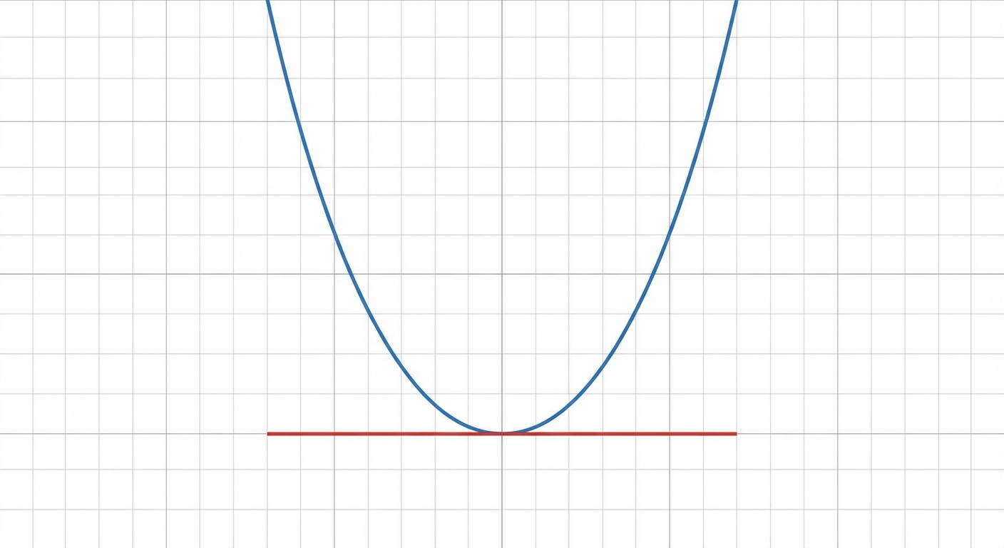 Schéma simple sur fond blanc avec quadrillage léger. Une parabole bleue en forme de U. Au point le plus bas (le sommet du U), une tangente rouge horizontale est tracée pour montrer que la pente est nulle.