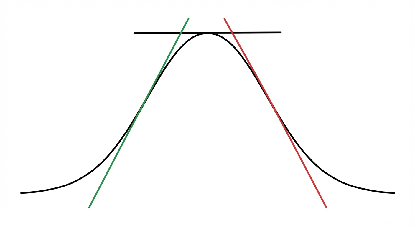 Schéma 2D mathématique simple sur fond blanc. Une courbe de fonction lisse en forme de cloche. Sur la partie montante (gauche), une tangente verte pointe vers le haut. Au sommet, une tangente noire est horizontale. Sur la partie descendante (droite), une tangente rouge pointe vers le bas.