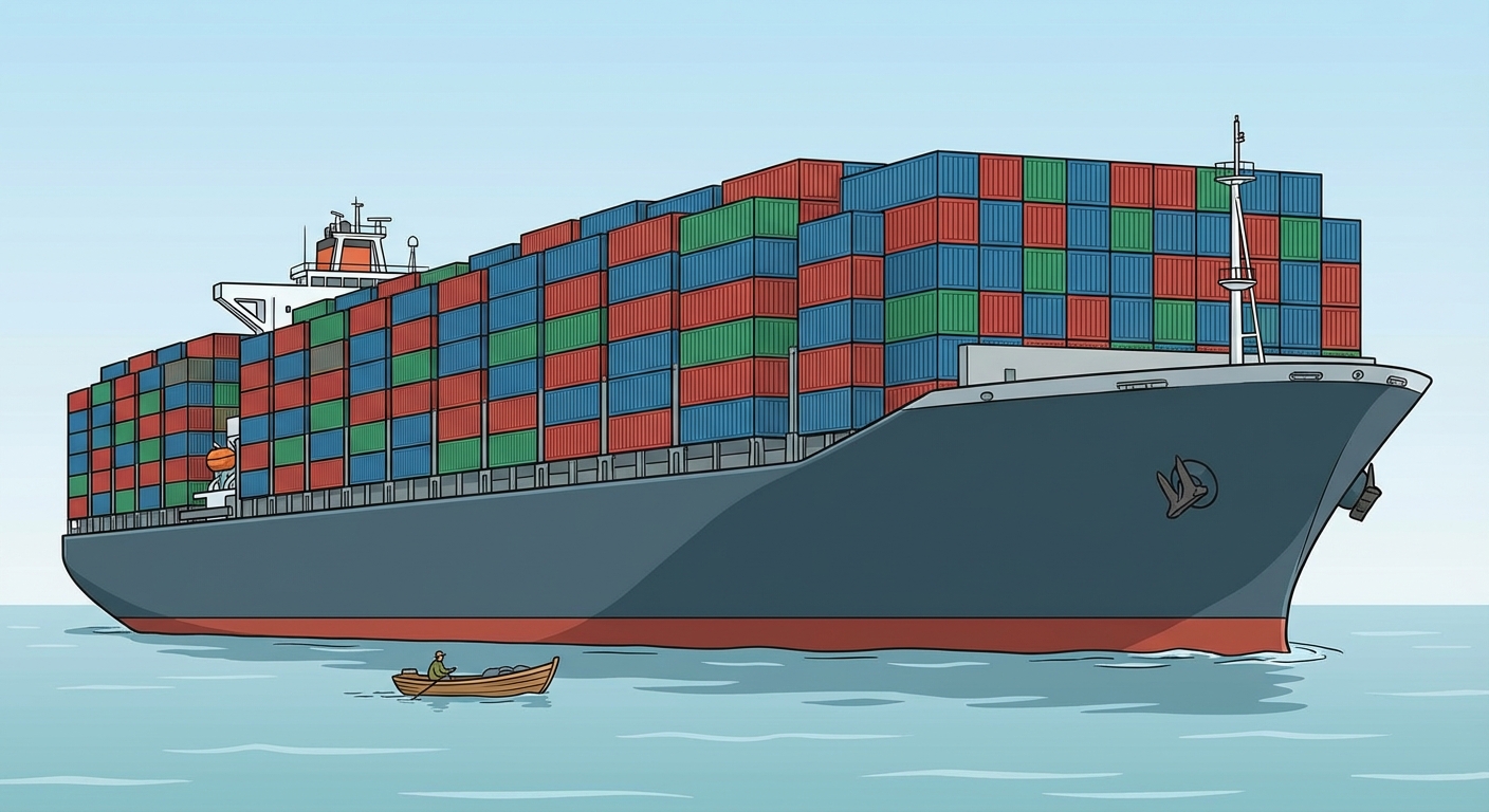 Illustration réaliste vue de côté : un gigantesque porte-conteneurs sur l'eau chargé de centaines de boîtes rectangulaires colorées (rouge, bleu, vert). À côté, un tout petit bateau de pêche pour montrer la différence de taille. Ciel bleu clair.