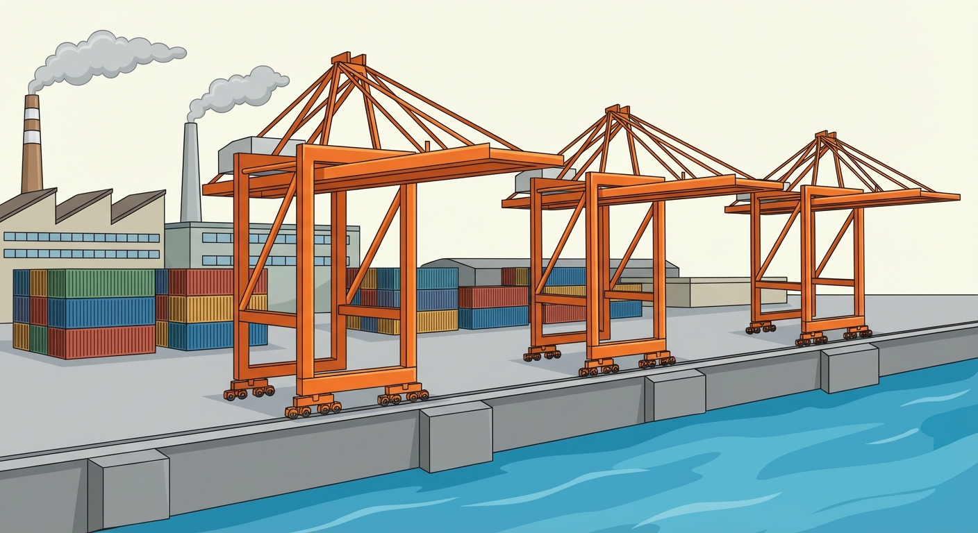 Schéma simple en couleurs d'un paysage portuaire. Au premier plan, un quai en béton gris au bord de l'eau bleue. Sur le quai, trois grues géantes oranges alignées (portiques). Derrière, une zone de stockage avec des piles de conteneurs colorés et deux grandes usines avec des cheminées qui fument.