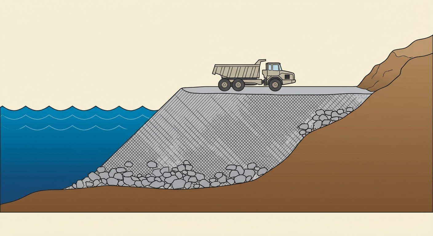 Coupe transversale simplifiée montrant la construction d'un terre-plein. À gauche, la mer bleue profonde. À droite, le sol naturel marron. Au milieu, une zone hachurée grise représentant des rochers et du sable versés dans l'eau pour créer un nouveau sol plat au-dessus du niveau de la mer, sur lequel est posé un camion.