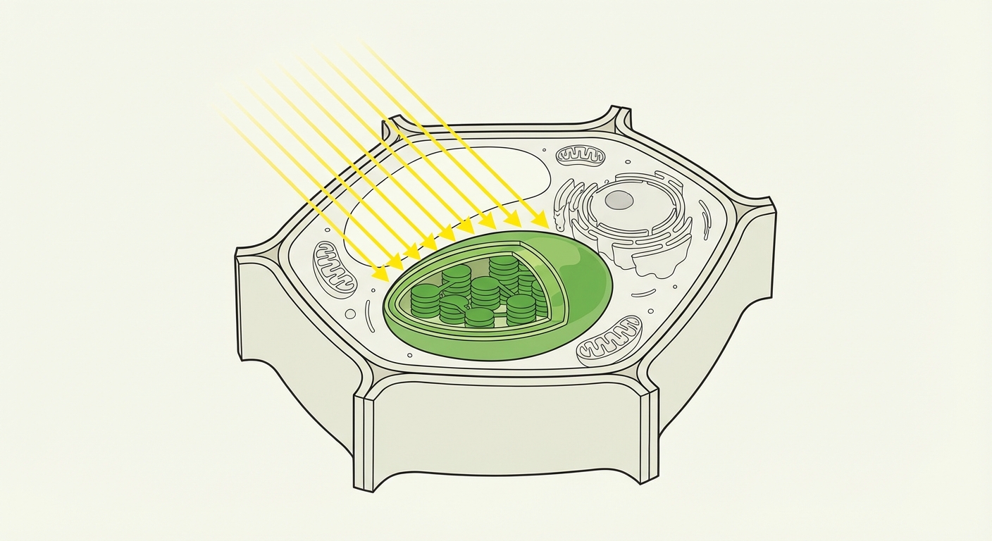 Schéma simplifié en coupe d'une cellule végétale. Au centre, mise en évidence d'un gros chloroplaste vert ovale. Des rayons lumineux jaunes arrivent directement sur ce chloroplaste.