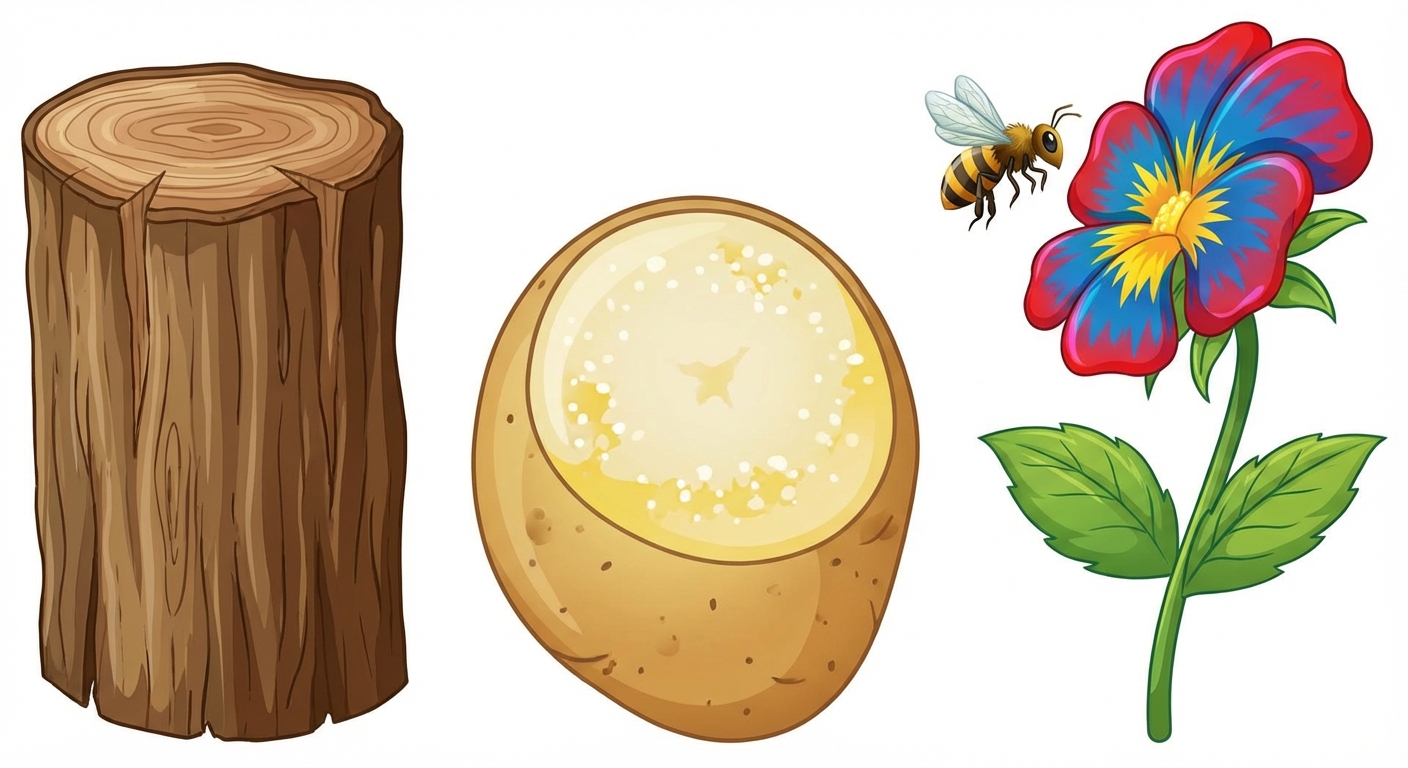 Illustration pédagogique montrant trois objets distincts sur fond blanc : un morceau de bois rugueux pour la lignine, une pomme de terre coupée pour l'amidon, et une fleur colorée pour les interactions. Chaque objet est isolé.