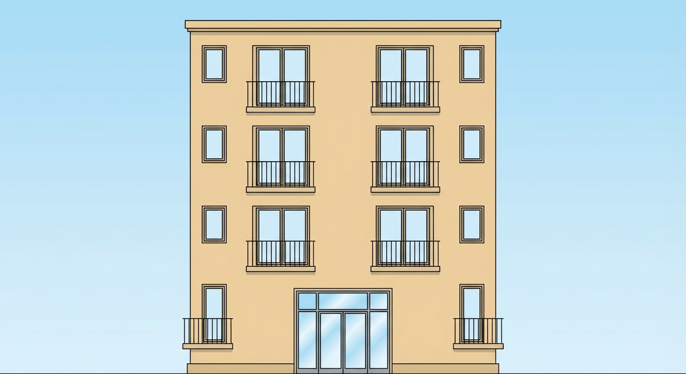 Illustration d'un immeuble rectangulaire de 4 étages, façade beige. On voit 8 fenêtres avec des balcons, une grande porte vitrée commune en bas au centre. Fond de ciel bleu.