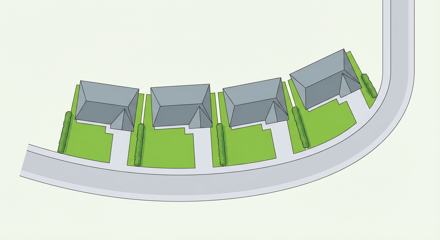 Vue aérienne simplifiée de 4 maisons identiques alignées le long d'une route courbe. Chaque maison a un toit gris et une pelouse carrée verte devant. Les maisons sont séparées par de petites haies.