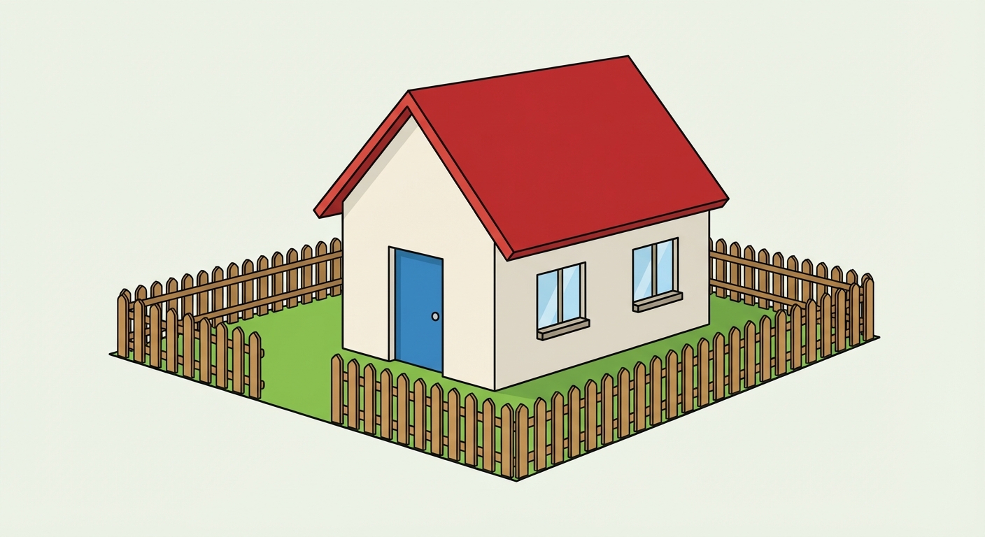 Dessin simple et coloré d'une maison individuelle type pavillon avec un toit rouge en pente, une porte d'entrée bleue, deux fenêtres et un petit jardin vert autour entouré d'une barrière en bois.