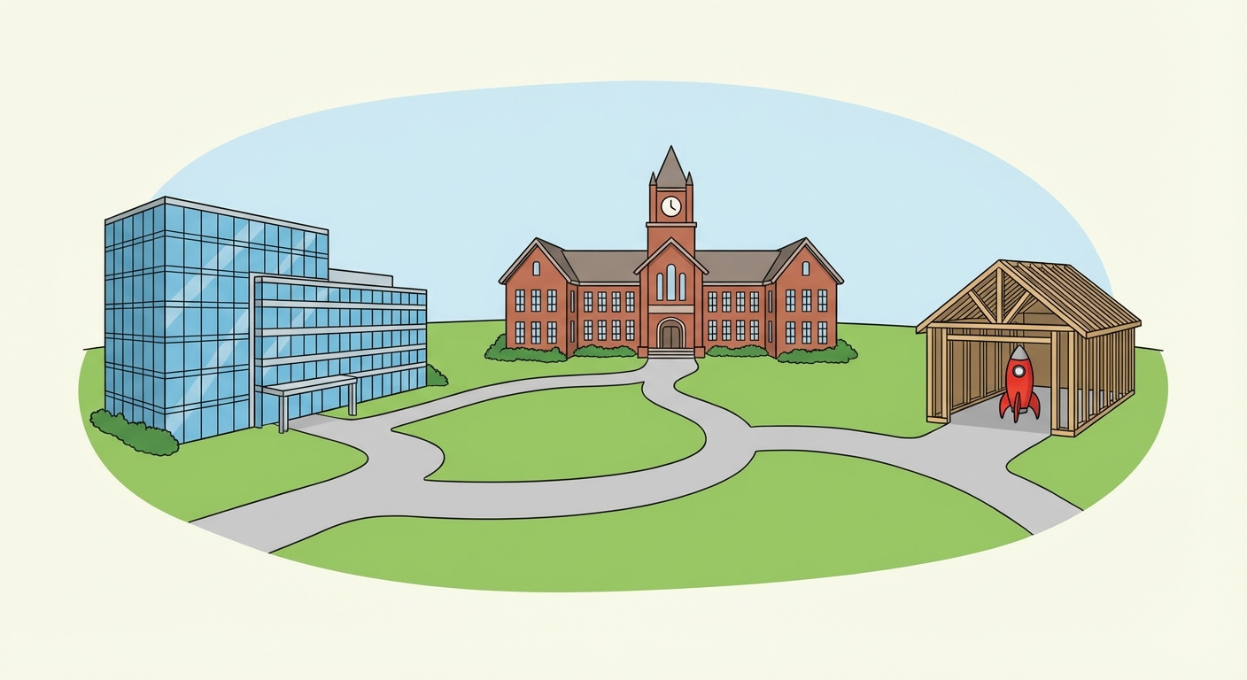 Illustration simplifiée d'un parc paysager avec de l'herbe verte et un ciel bleu. À gauche, un grand bâtiment moderne en verre bleu. Au centre, un bâtiment de type université en briques rouges avec une horloge. À droite, un petit garage ouvert en bois contenant une fusée rouge en jouet. Des chemins pavés gris relient les trois bâtiments.