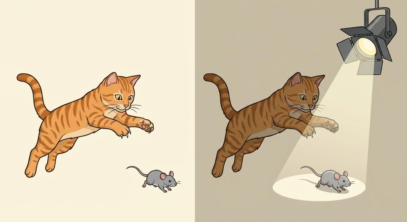 Illustration simple style dessin animé. À gauche, un chat tigré orange bondit pour attraper une souris grise. À droite, la même scène identique, mais un projecteur de théâtre éclaire spécifiquement la souris grise, laissant le chat un peu plus dans l'ombre.