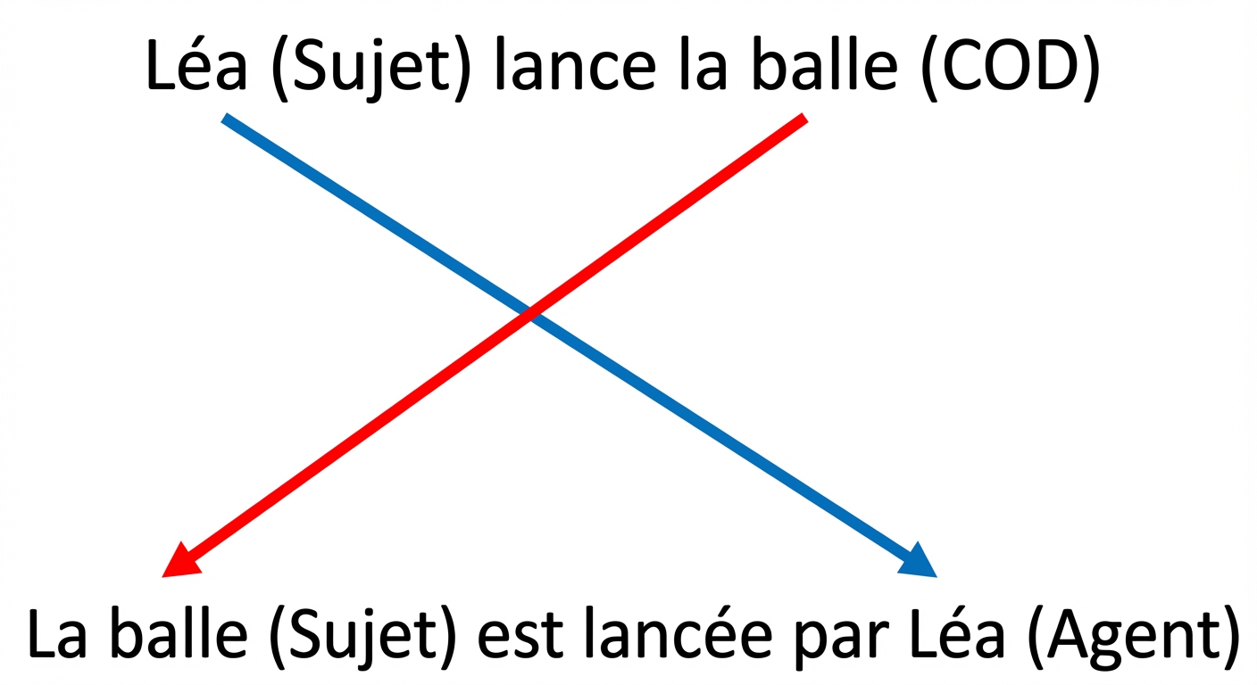 Schéma explicatif sur fond blanc. En haut, la phrase 'Léa (Sujet) lance la balle (COD)'. En bas, la phrase 'La balle (Sujet) est lancée par Léa (Agent)'. Une flèche bleue part de 'Léa' en haut à gauche vers 'par Léa' en bas à droite. Une flèche rouge part de 'la balle' en haut à droite vers 'La balle' en bas à gauche. Les flèches forment un grand X au centre.