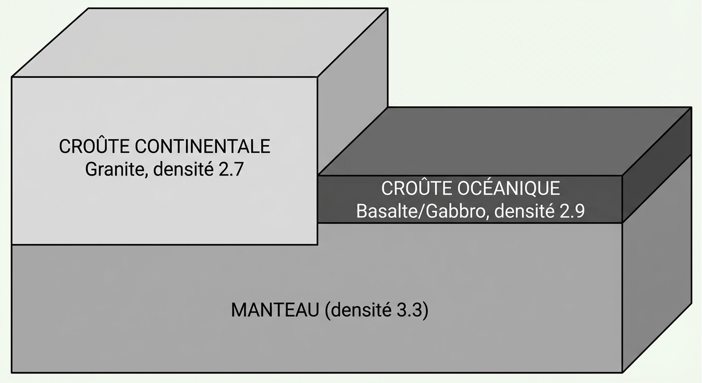 Coupe transversale simplifiée de la lithosphère. À gauche, un bloc épais gris clair (Légende : Croûte Continentale, Granite, densité 2.7). À droite, un bloc fin gris foncé (Légende : Croûte Océanique, Basalte/Gabbro, densité 2.9). Les deux reposent sur le Manteau (densité 3.3). Le bloc continental dépasse plus en hauteur que le bloc océanique.