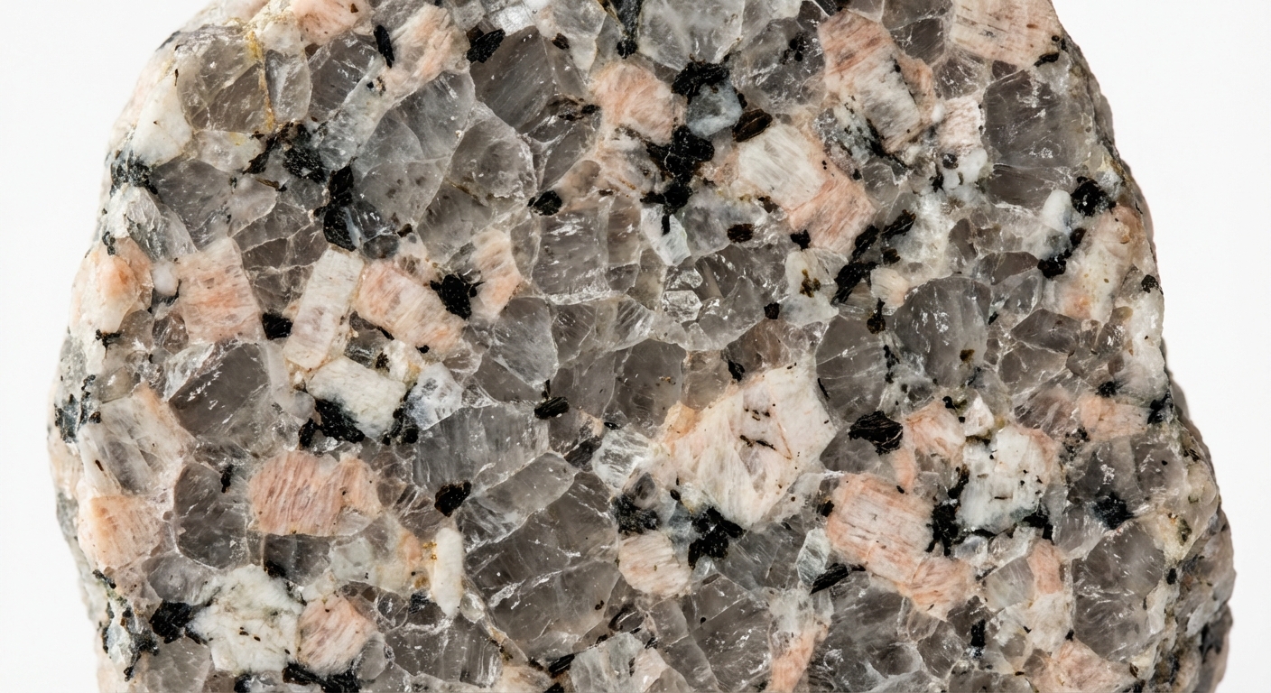 Photo macro d'un morceau de granite propre. On distingue nettement des grains juxtaposés de trois couleurs : des grains gris vitreux (quartz), des grains blancs laiteux ou roses (feldspaths) et des paillettes noires brillantes (biotite). Pas de fond.
