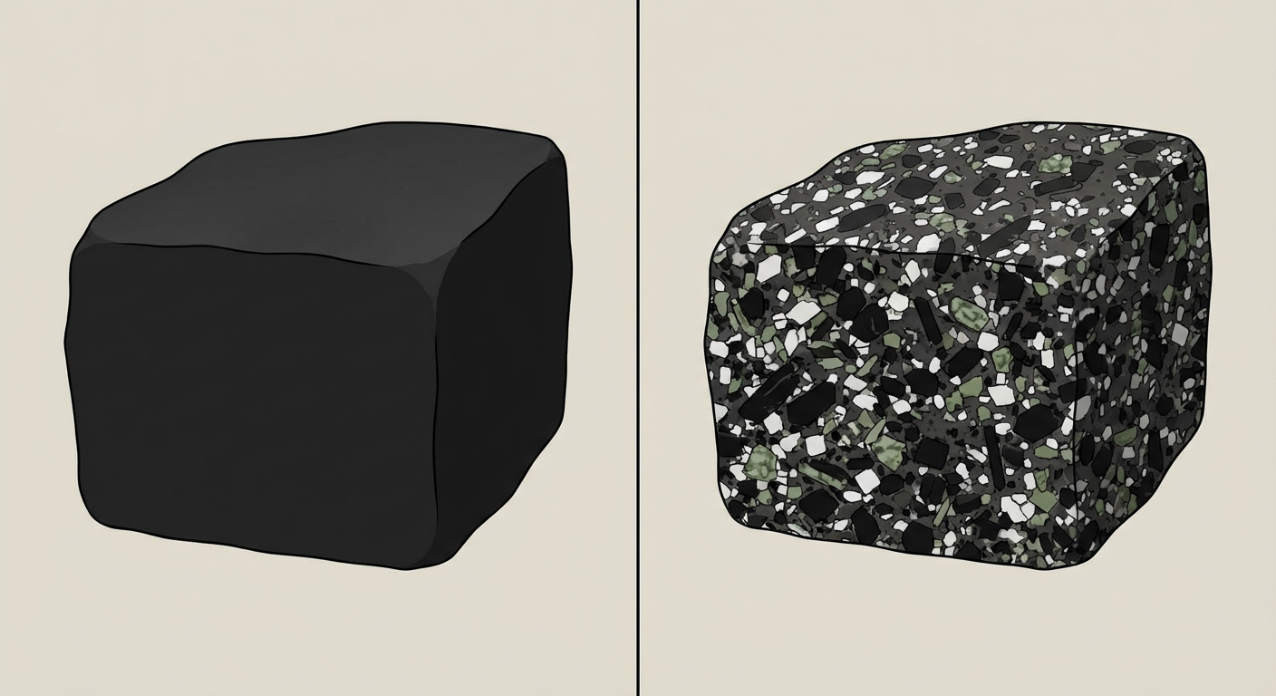 Image divisée en deux. À gauche, un bloc de basalte : roche noire, mate, homogène. À droite, un bloc de gabbro : roche sombre mais avec des grains visibles (cristaux noirs et blancs/verts entremêlés). Fond neutre.
