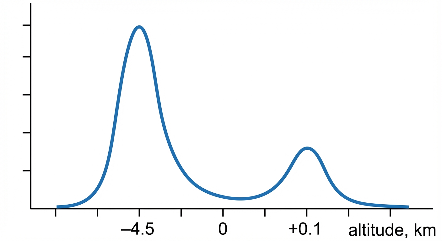Graphique 2D simple sur fond blanc (histogramme ou courbe). L'axe vertical représente la fréquence (pourcentage de surface), l'axe horizontal représente l'altitude en km. La courbe montre deux pics bien séparés : un pic majeur à -4,5 km (profondeur océanique) et un pic secondaire à +0,1 km (altitude continentale).