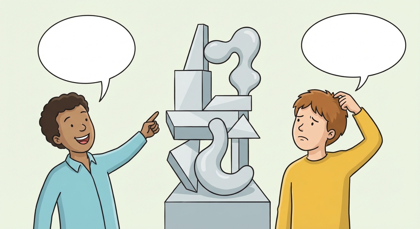 Scène de vie : deux personnes devant une sculpture moderne abstraite. L'une pointe la sculpture avec enthousiasme, l'autre semble dubitative et se gratte la tête. Une bulle de dialogue vide au-dessus de chaque personne pour symboliser l'échange.