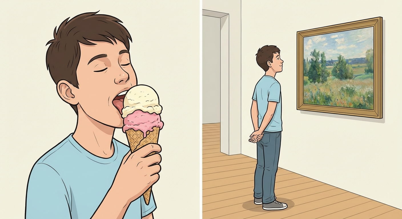 Illustration divisée en deux parties. À gauche, un personnage mange une glace avec plaisir (consommation). À droite, le même personnage regarde un tableau dans un musée avec admiration, les mains dans le dos (contemplation).