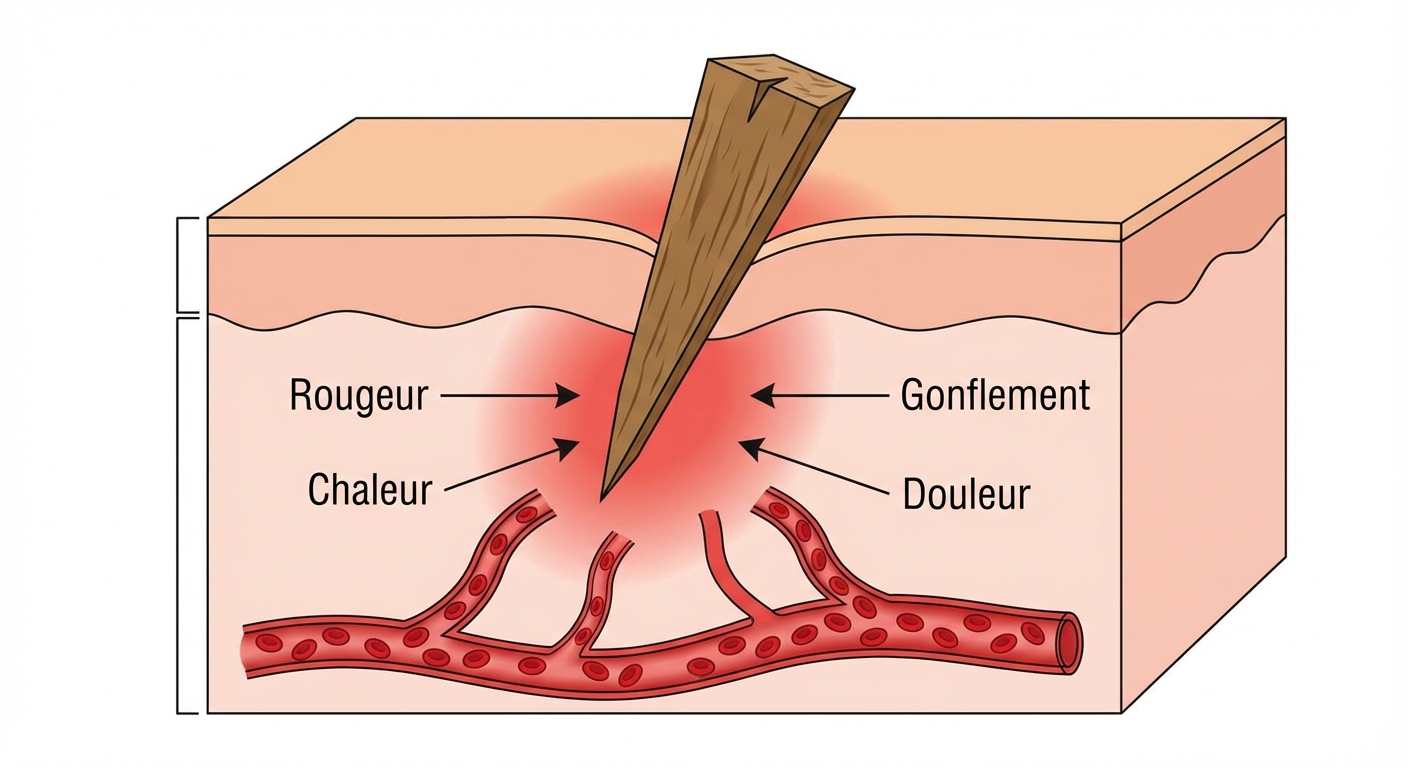 Schéma simple en coupe de la peau. Une épine traverse l'épiderme. Autour de la pointe de l'épine, on voit 4 étiquettes pointant vers la zone lésée : Rougeur, Chaleur, Gonflement, Douleur. Des petits vaisseaux sanguins en bas sont dilatés.
