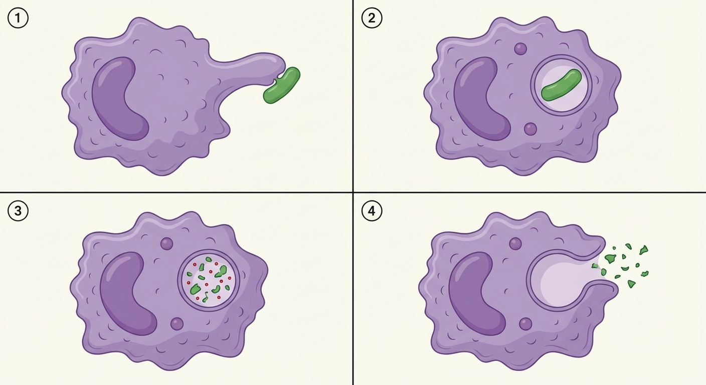 Schéma en 4 cases montrant une grosse cellule immunitaire (macrophage) mangeant une petite bactérie verte. Case 1 Adhésion : la cellule colle à la bactérie. Case 2 Ingestion : la cellule englobe la bactérie dans une vésicule. Case 3 Digestion : la bactérie est détruite par des enzymes. Case 4 Rejet : la cellule expulse les débris.