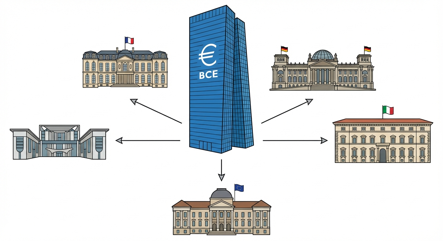 Schéma simple sur fond blanc. Au centre, une grande tour bleue moderne avec le logo de l'Euro (BCE). Autour, en cercle, 5 petits bâtiments gouvernementaux de styles différents (drapeaux français, allemand, italien). Des flèches partent de la tour centrale vers les bâtiments.
