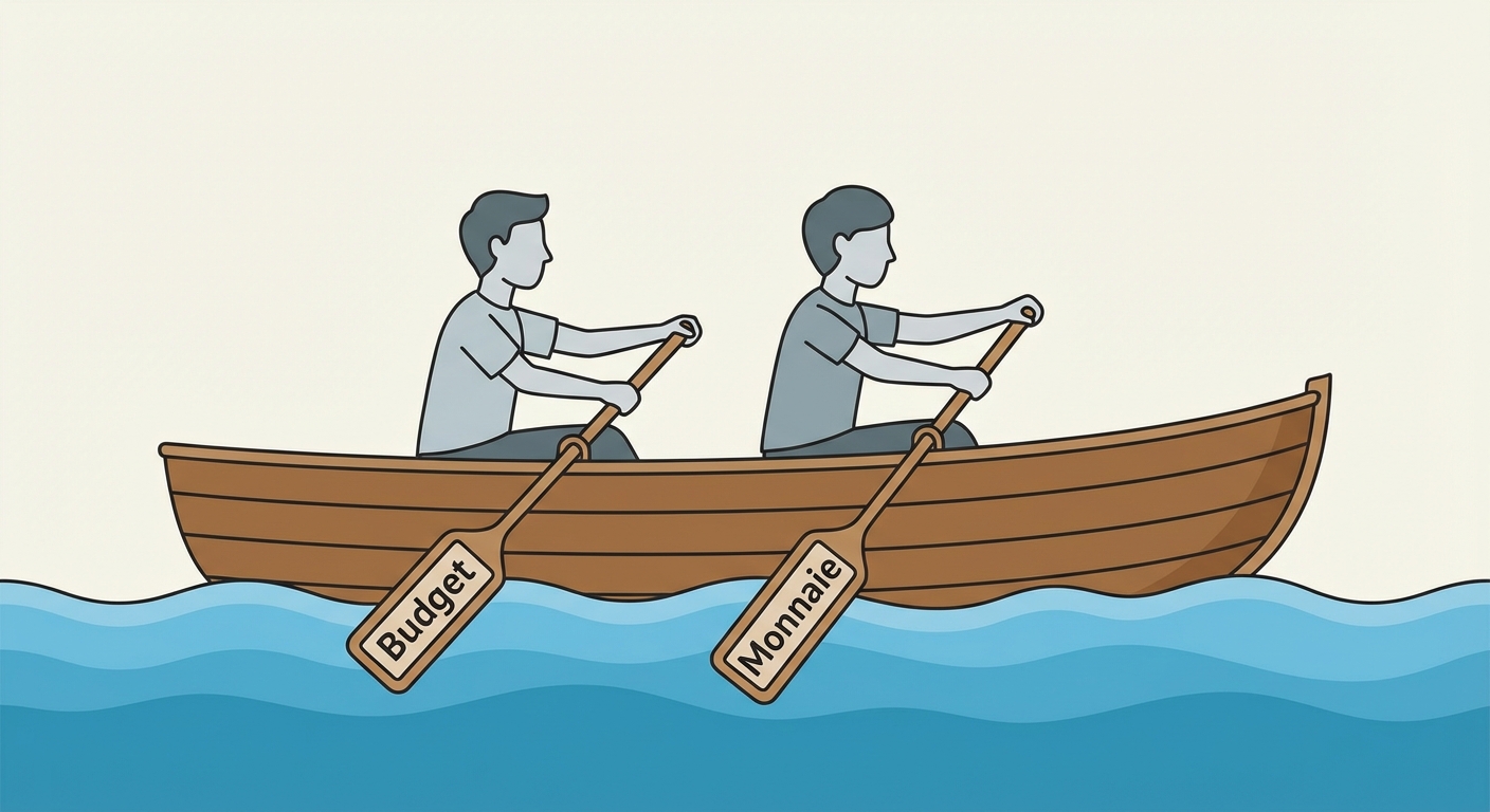 Dessin vectoriel simple. Une barque sur l'eau vue de profil. Deux personnages rament. Le personnage de gauche a une rame étiquetée 'Budget', le personnage de droite a une rame étiquetée 'Monnaie'. Ils rament dans le même sens vers la droite.