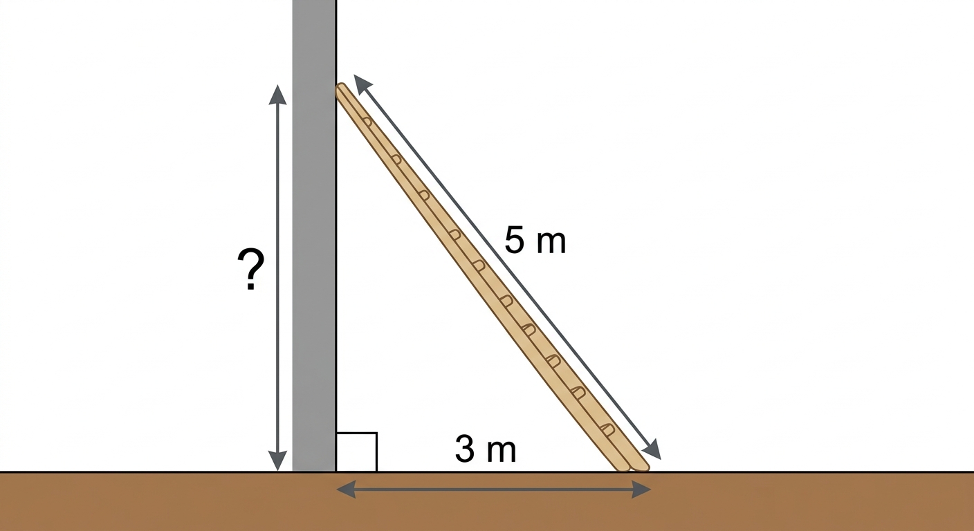 Dessin de profil : un mur vertical gris à gauche, le sol horizontal marron en bas. Une échelle beige est posée en diagonale contre le mur. On forme un triangle rectangle. L'échelle mesure 5m, le pied de l'échelle est à 3m du mur. On cherche la hauteur du mur.