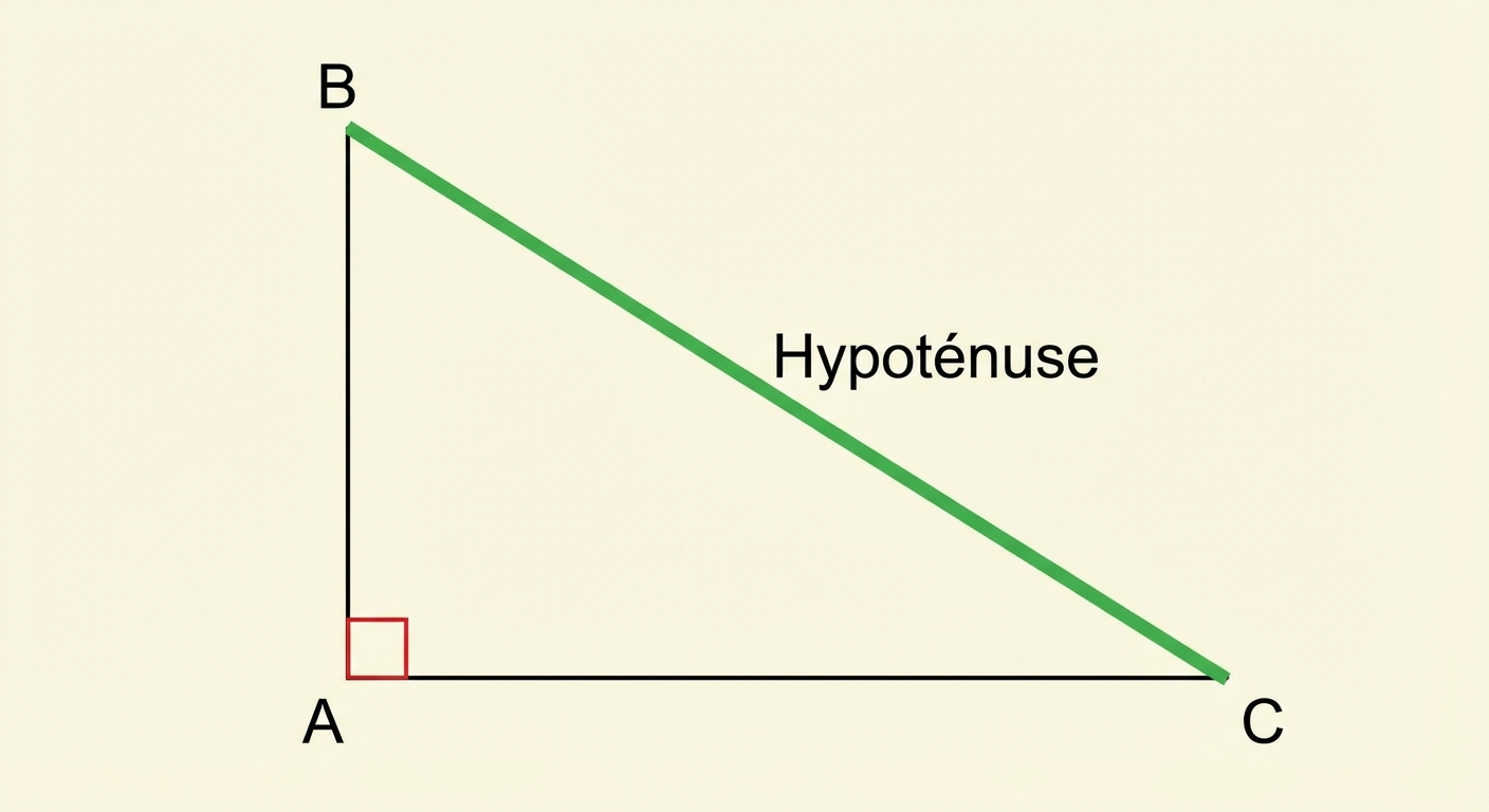 Dessin géométrique d'un triangle rectangle ABC, rectangle en A. L'angle droit en A est marqué par un petit carré rouge. Le côté BC, opposé à l'angle droit, est tracé en trait vert épais avec l'étiquette Hypoténuse.