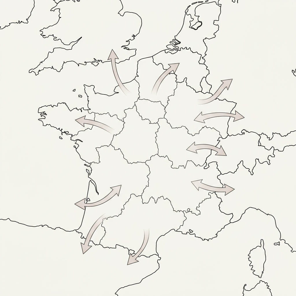 Carte vectorielle schématique de l'Union européenne montrant les flux de coopération transfrontalière avec des flèches douces reliant la France à ses voisins. Fond clair sobre, traits nets et épurés, style manuel scolaire sans aucun texte ni chiffre.