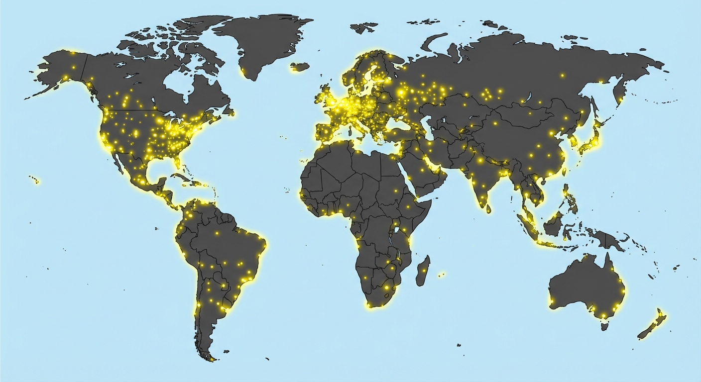 Planisphère du monde stylisé et simplifié. Les continents sont gris foncé sur un océan bleu clair. De très nombreux petits points lumineux jaunes brillent intensément sur l'Europe, les États-Unis et le long des littoraux. Le centre de l'Afrique, la forêt amazonienne et les grandes chaînes de montagnes sont laissés dans un gris sombre sans lumière.