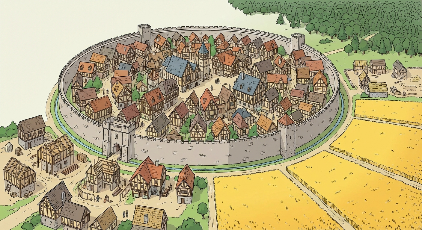 Dessin coloré montrant une grande ville médiévale avec des maisons à colombages, entourée par un mur de pierre circulaire. À l'extérieur du mur, de nouveaux faubourbourgs en construction et de grands champs dorés. En arrière-plan, une forêt dense.