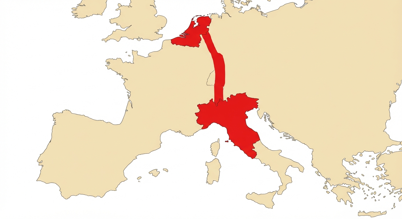 Carte géographique très simplifiée de l'Europe avec un fond beige clair. Trois zones distinctes sont coloriées en rouge vif. Une zone tout en haut représentant la Flandre. Une zone en bas au centre en forme de botte tronquée représentant l'Italie du Nord. Une large bande rouge reliant le nord et le sud le long du Rhin pour représenter l'axe rhénan.