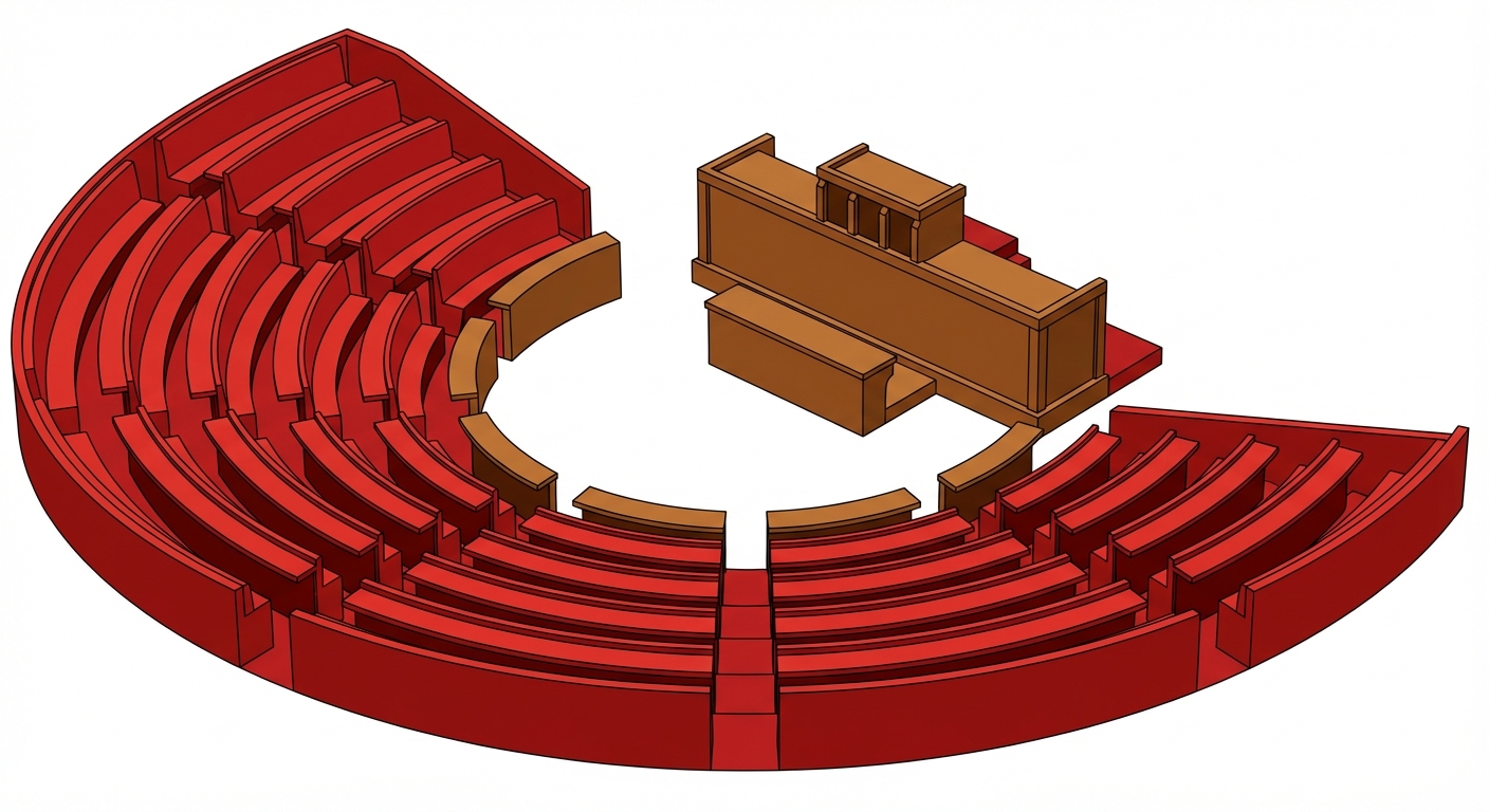 Dessin vectoriel simple de l'Assemblée nationale vue en coupe. Des gradins en demi-cercle (hémicycle) rouges face à un bureau surélevé. Fond blanc épuré.