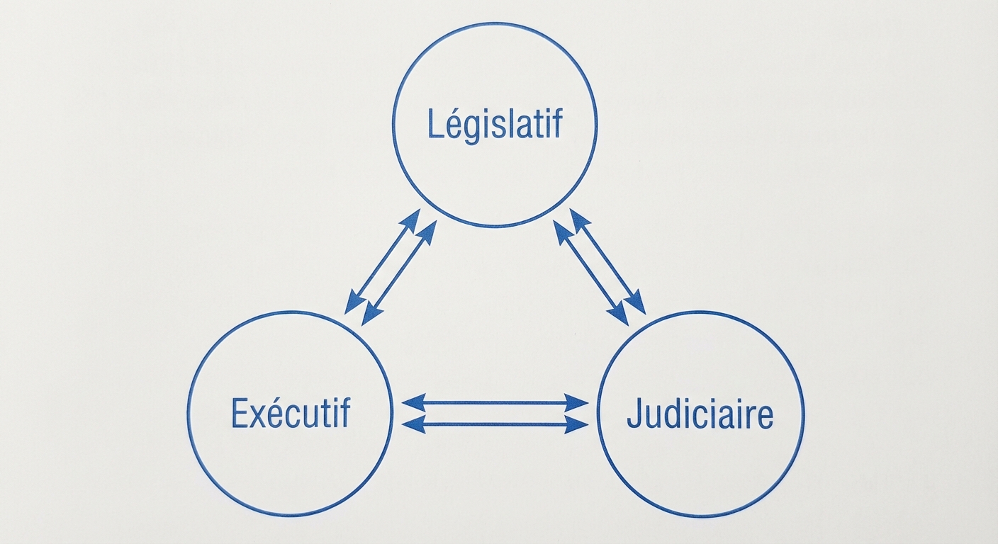 Schéma simple sur fond blanc avec trois cercles distincts disposés en triangle : Législatif, Exécutif, Judiciaire. Des flèches les relient pour symboliser l'équilibre.