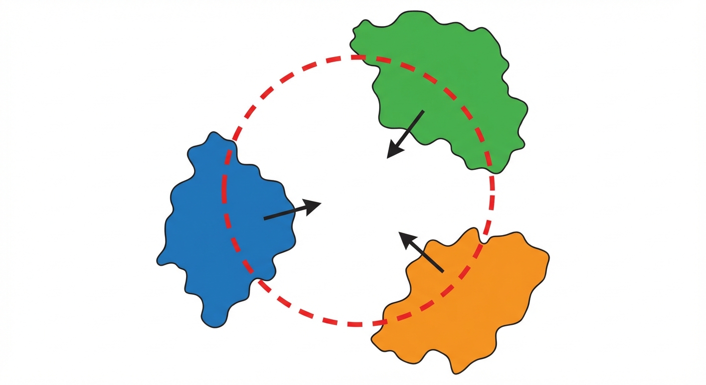 Dessin simple montrant une carte stylisée avec trois zones de couleurs différentes représentant trois pays. Au centre, un grand cercle rouge pointillé relie les trois zones, avec trois petites flèches noires pointant vers le centre de ce cercle. Le fond de l'image est blanc, sans aucun texte.